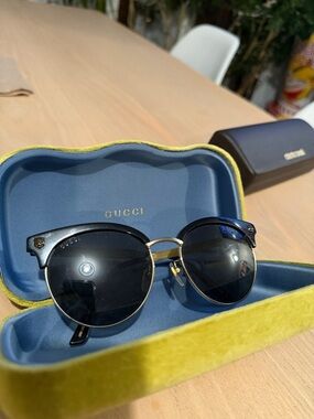 Gucci Men’s Black & Gold Semi-Rim Round Sunglasses